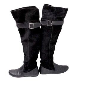 Lumiani Black Leather Boots Knee High Suede Silver Buckles 1/4 Side Zipper 6